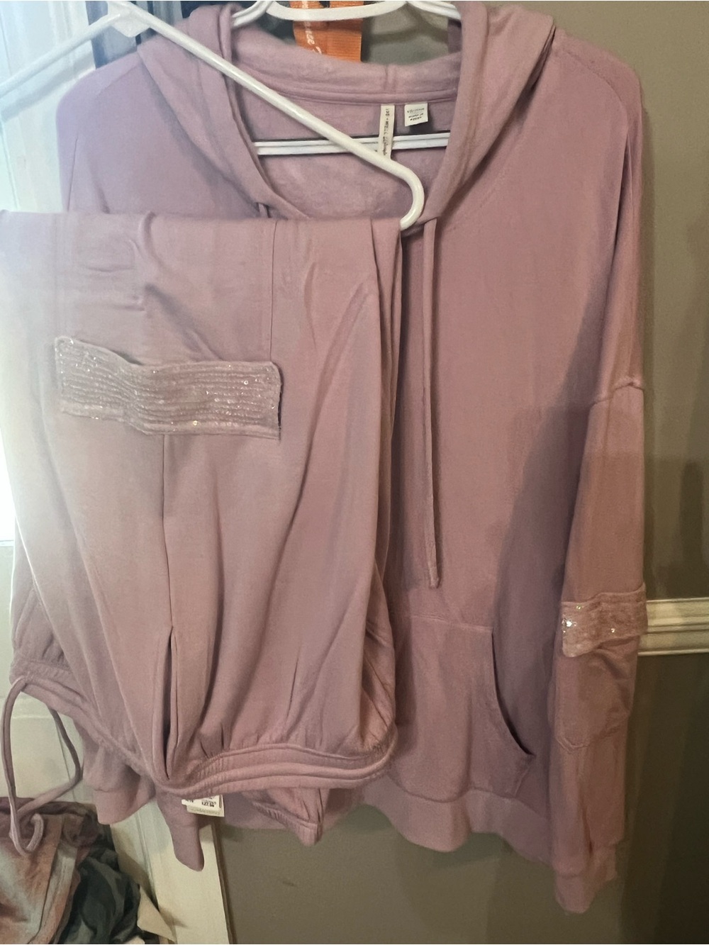 Mauve Dusty Rose Hoodie Set with Sequin Trim